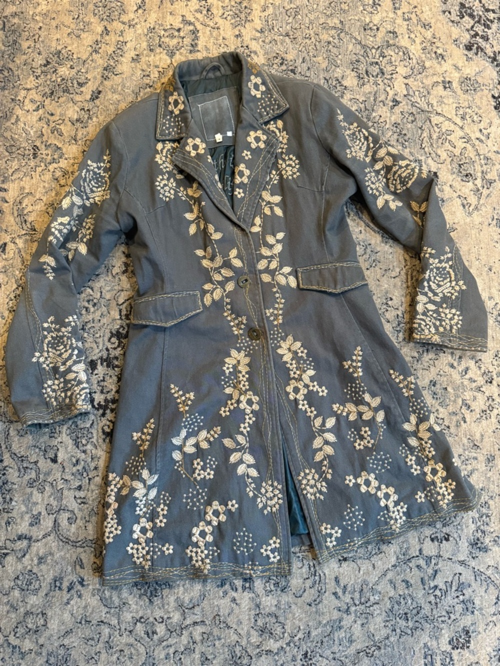Embroidered Floral Long Coat - Gray